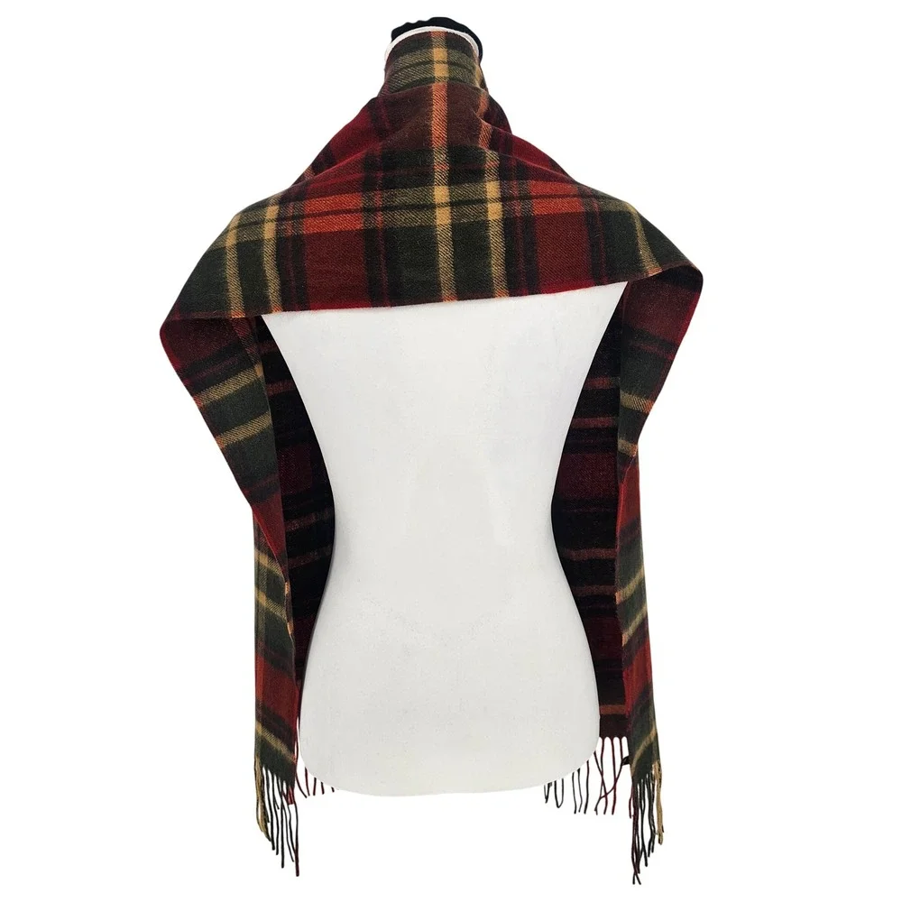 Club Room‎ Cashmere Tartan Plaid Scarf Orange Green Tan Fringe Unisex Classic